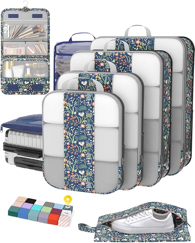 8 Set Compression Packing Cubes for Travel Essentials, Compressible Expandable Packing Cubes for Suitcase, OlarHike Luggage Organizer Bags for Travel (Dark Blue Floral)