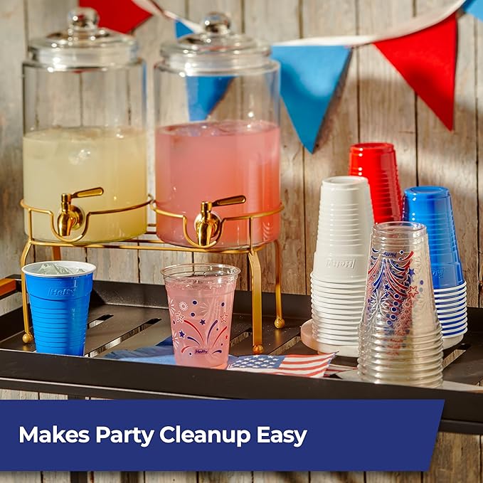 Hefty Party On Disposable Plastic Party Cups, 76 Count, 16 Oz Cups in Assorted Patriotic Colors and 18 Oz Clear Cups with Festive Firework Print for Fourth of July Celebrations and Summer Entertaining