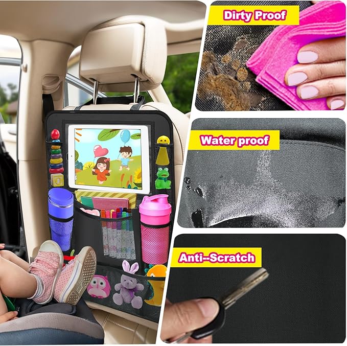 2 Pack Car Backseat Organizer, Car Seat Organizer Kick Mats Back Seat Protector with 11" Tablet Holder, Car Storage Organizer for Kids,10 Storage Pockets Travel Accessories