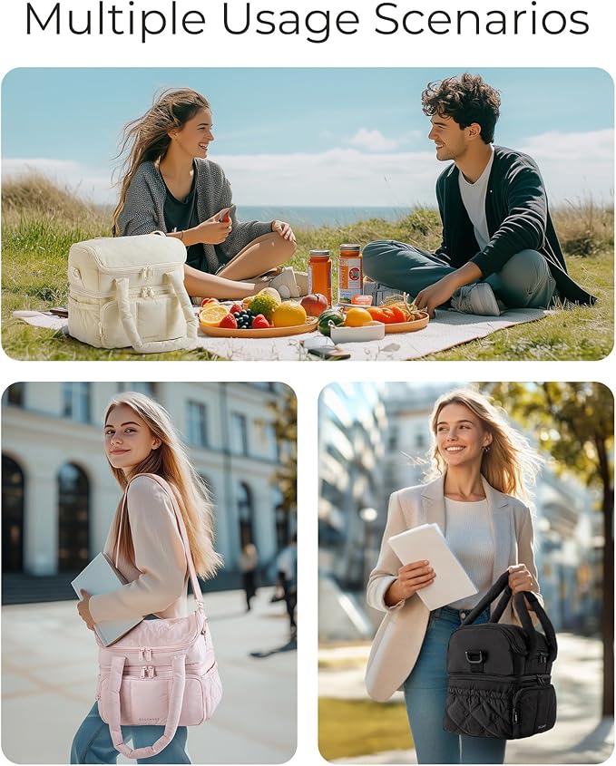 BAGSMART Lunch Bag Women, Double Deck Insulated Lunch Box, Quilted Puffer Lunch Tote, Leakproof, Durable & Reusable Large Lunch Cooler For Work Picnic Travel Meal Prep, Cherry