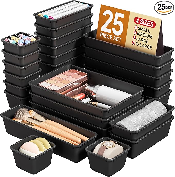 25 PCS Plastic Drawer Organizers Set, 4 Sizes Vanity Organizer, Makeup and Desk Drawer Organizer Trays, Organization and Storage for Makeup, Bathroom, Kitchen Utensils and Office (Black)
