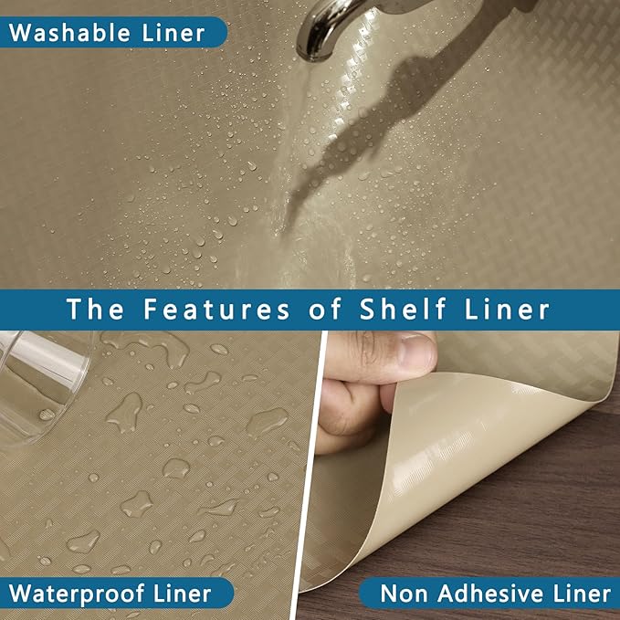 HooTown Kitchen Shelf Liner Drawer Liners, 11.8"W x 78.7"L Non-Adhesive Cabinet Cupboard Liners Refrigerator Waterproof Fridge Mat with Durable Kitchen Cabinet Mat for Drawers, Shelves, Pantry, Khaki