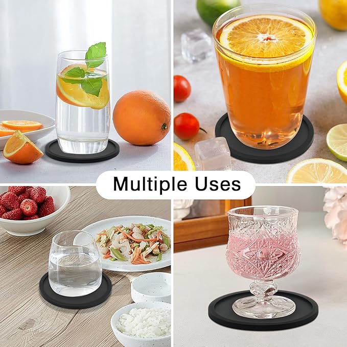 2 Pack Silicone Coasters for Drinks, Round Black Coaster with Deep Tray Grooved Design Cup Mat, Washable Heat Resistant Durable Non-Slip Coasters for Coffee Table Wooden Desk Kitchen Bar