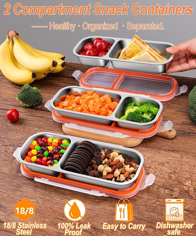 KTKUDY 3 Pack Stainless Steel Snack Containers for Kids & Adults - Leak-Proof 2-Compartment Stackable Snack Lunch Boxes for Daycare, School, Work & Travel