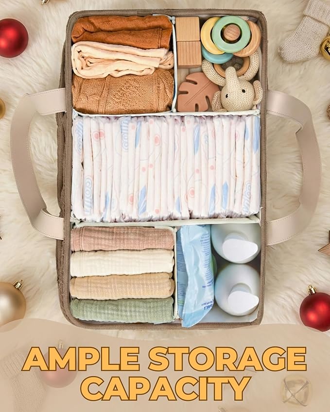 Baby Diaper Caddy Organizer with Portable Changing Mat - Teddy Fleece Diaper Organizer for Changing Table - Basket for Changing Essentials - Baby Essentials Organizer with Removable Dividers