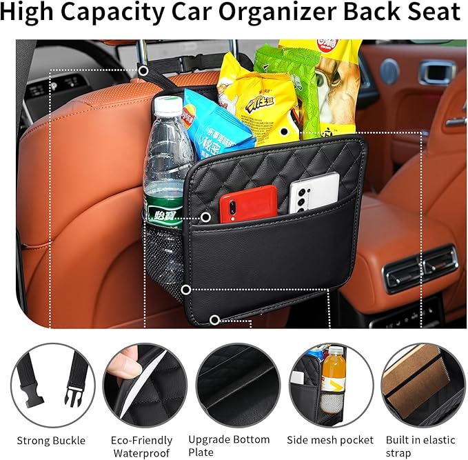 Car Seat Back Organizer, Waterproof Car Backseat Organizer with Cup Holders Large Capacity Hanging Car Storage Bag for Phones Documents Cups Bottle Travel Compatible with Most Vehicles