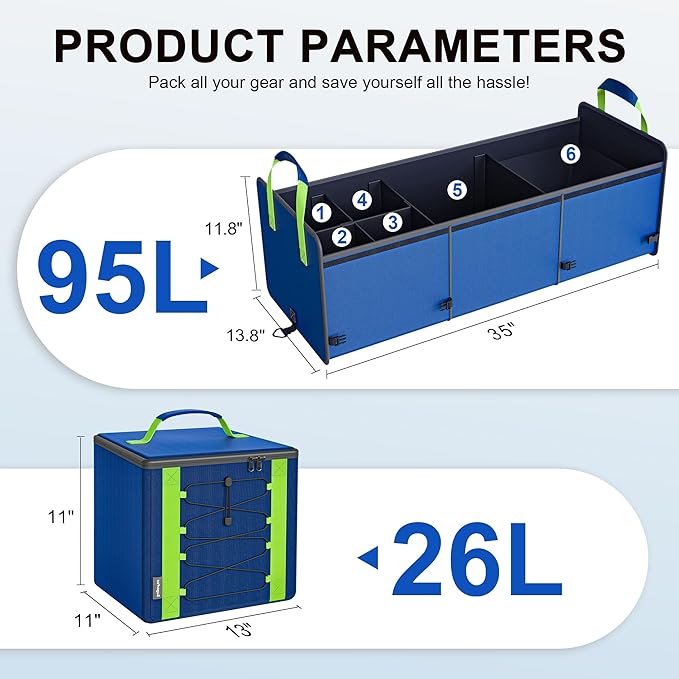 Bold Color Block Trunk Organizer | 95L, 35"x13.8"x11.8" | Dedicated Shoe Storage & 26L Ice Pack | Foldable for SUV/Car/Jeep | Car Accessories for Men & Women - Blue-X212