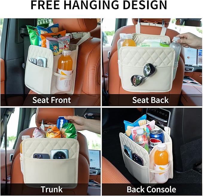 Car Seat Back Hanging Bag Car Document Holder Multi-Pocket Bottle Bag Storage Box Organizer Travel Tidy Pouch Pocket Kids Beige