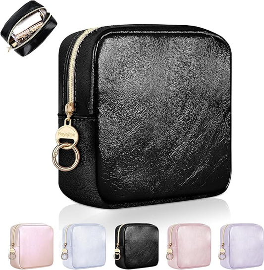 4.9" Small Makeup Bag for Purse, PU Leather Mini Cosmetic Bag, Portable Small Makeup Organizer Travel Toiletry Pouches for Women, Birthday/Wedding/Christmas Gifts (Black)
