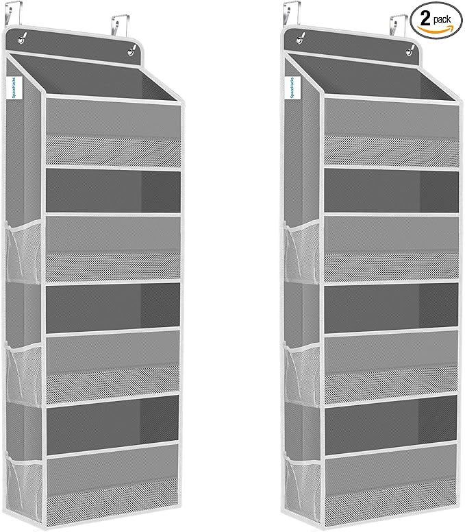 SpaceHacks 2 Pack Over The Door Organizer, Hanging Storage Organizer with Clear Window, 40lb Ultra Sturdy Large Capacity Room Organizer for Pantry Laundry Bathroom Nursery Closet (Grey)