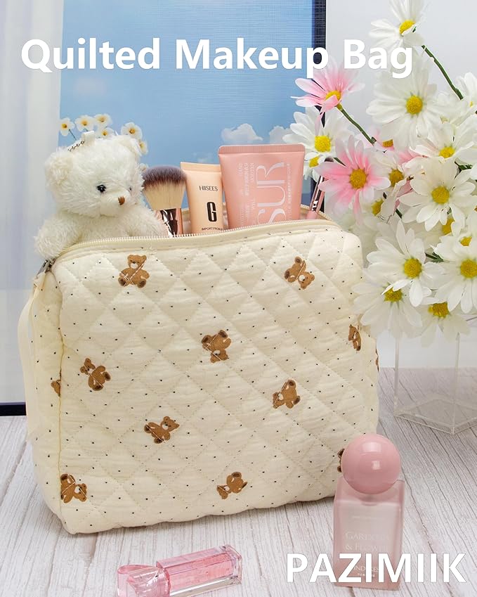 PAZIMIIK Quilted Makeup Bag Large Travel Zipper Soft Cosmetic Pouch for Women Girls Make Up, Gauze Bear