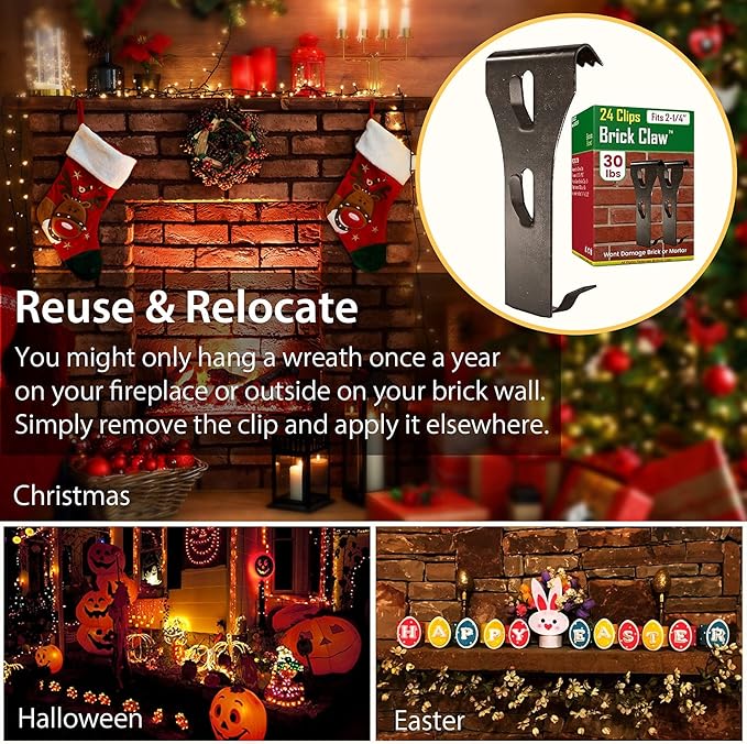 Brick Hook Clips for Hanging Outdoors, Brick Hangers for Brick Wall Hanging No Drill and Nails, Heavy Duty Brick Siding Clips Wall Hangers Fits Standard Brick 2-1/4" to 2-3/8" in Height (24, Standard)