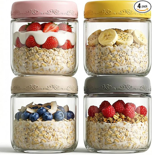 10 oz 4Pack Glass Overnight Oats Jars Containers with Airtight Leakproof Lids, Reusable Mason Jars for Meal Prep, Yogurt Parfaits, Smoothies, Salads & Healthy Breakfasts (10 OZ-4-2)