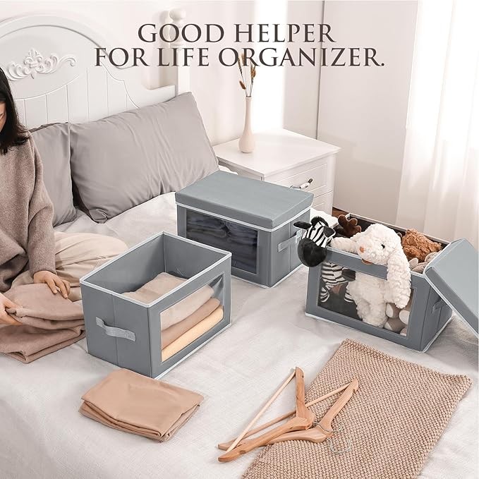 Collapsible Storage Bins with Lids, 4 Pack Closet Cubes for Organization, Fabric Storage Baksets with Window, Clothes Organizer bins for Home, Dorm, Grey