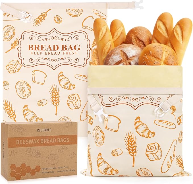 Homelove 2 Pack Beeswax Bread Bags for Sourdough Homemade Bread - Reusable Organic Linen Bag Cotton Lining Sourdough Natural Beeswax Bread Storage Bag, Keep Fresh and Upgraded XLarge Capacity Portable