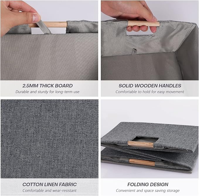 Fabric Storage Bin Box Foldable Cotton Linen Storage Basket with Wooden Handles Rectangular Cube Decorative Home Laundry Organizer Clothes Blanket Container - Grey, Small