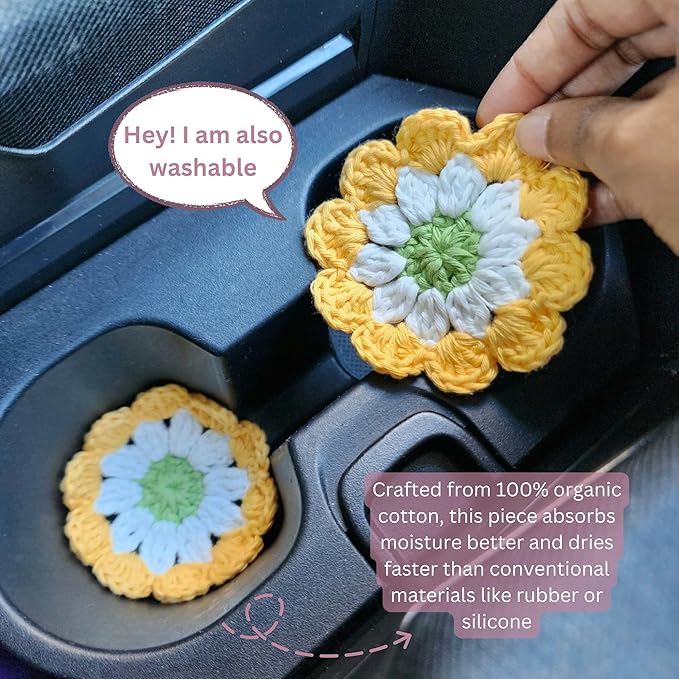 Cotton Car Coasters 2pc Car Cup Coasters Cute car Accessories for Women car Coaster for Cup Holders (Golden Daisy)
