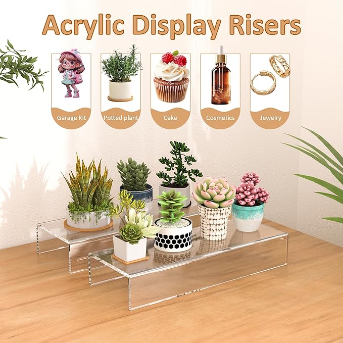 Acrylic Shelf Riser 12x4.3x2 pack of 2, Clear Display Shelf 12” for Shoes, Glasses, Plants, Home Decors, Perfume, 12x4.3x2 Inch
