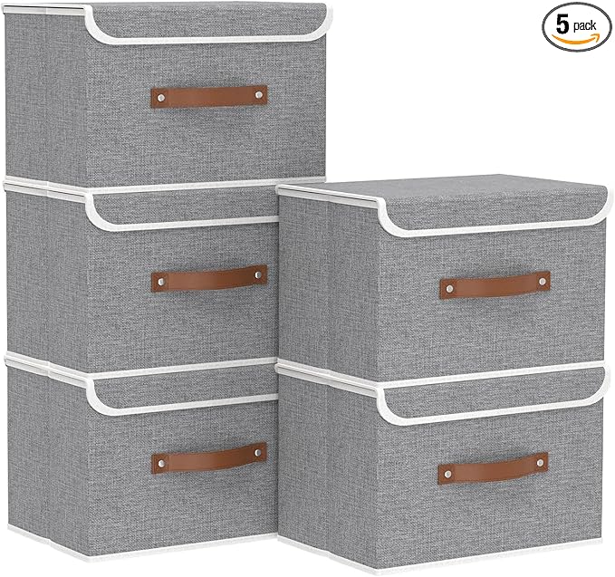 Yawinhe Collapsible Storage Bin, Cube Organizer Basket, Fabric Box with Lids, Washable and Leather Handle, for Home, Closet, Grey, 15.0''Lx9.8''Wx9.8''H, 5-Pack, USNK024GL-5
