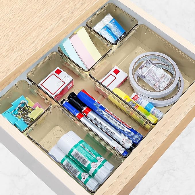 16 PCS Drawer Organizer Set, 5 Varied Size Bathroom and kitchen Drawer cabinet organizer Trays, Clear Storage Bins for Makeup, Jewelry, Utensils and Gadgets, Champagne