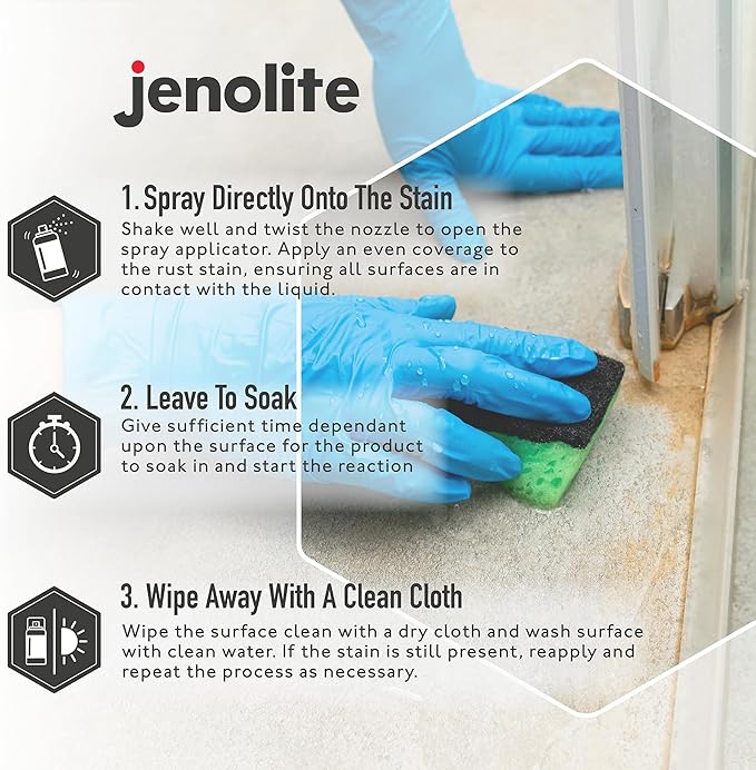 JENOLITE Rust Stain Remover 500 ml (16.9 fl oz) for Patios, Sinks, Toilets, Walls & Sidings. Fast-Acting Spray-On Cleaner & Wipe-Off Solution for Metal, Concrete & Tile. Made in Britain.