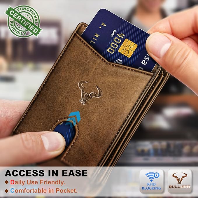 BULLIANT Men Wallet, Slim Leather Wallet Front Pocket Card Holder Gift For Men 11 Slots RFID Blocking