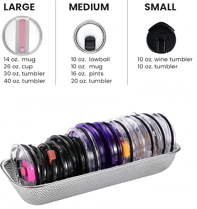 2Pack Stainless Steel Tumbler Cup Lid Organizer Inside Cabinet, Mason Jar Lid Holder, Rectangular Basket for Storage of Silverware, Chopsticks, Straws, and Utensils