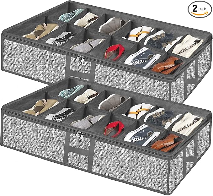 Under Bed Shoe Storage Organizer for Closet 2 Pack - Fits 24 Pairs Underbed Shoes Rack Container Boxes with H Shape Sturdy Handles and Clear Window, Foldable Shoe Rack Holder, Grey