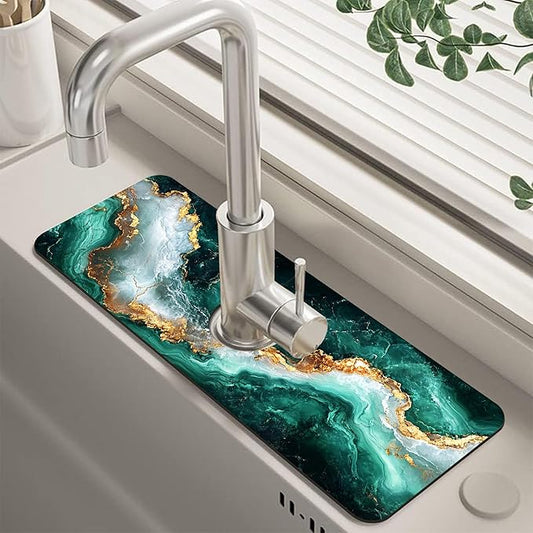 Emerald and Gold Marble Texture Kitchen Sink Splash Guard Faucet Mat Super Absorbent Fast Drying Mat Guard Behind Faucet Drip Catcher for Kitchen Bathroom, 15.5"X5.5"
