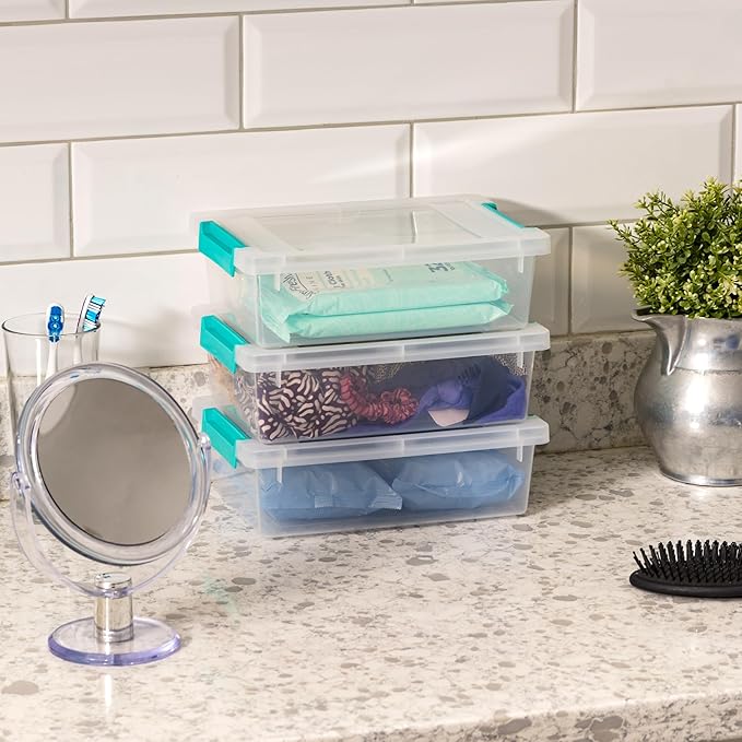 IRIS USA 2 Qt. Craft Storage Bins with Lids, 6-Pack, |Made in USA|, Clip Box, Small Plastic Sensory Bin Tote Organizer Containers for Art Supplies, Paper, & Office, Stackable - Clear/Seafoam Blue