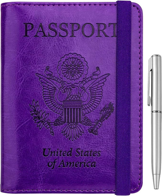 WALNEW Passport Holder for Travel, RFID Passport Cover Wallet for Women Men, PU Leather Passport Book Card Holder Case with Pen (Elastic Band Closure, A-Purple)