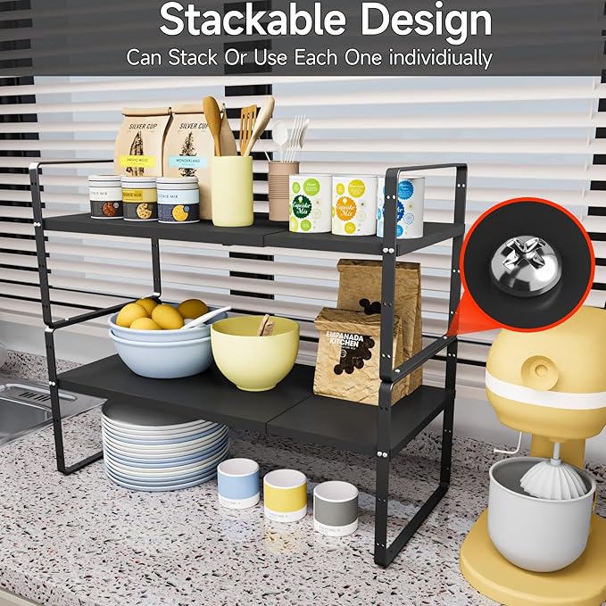 16.5-27’’L Expandable Kitchen Shelf Organizer, Stackable Shelves Organizer, Adjustable Height Pantry Spice Rack for Cabinet, Countertop, Pantry and Cupboard, Black