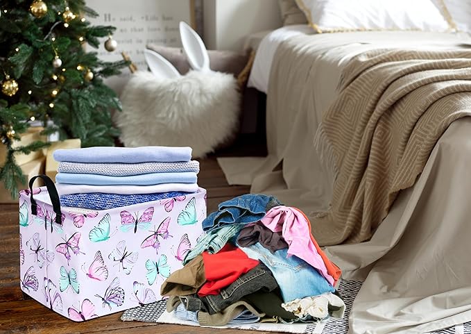 KUNRO Rectang Butterfly Storage Basket Gift Shelf Basket Storage Bin, Nursery Basket Organizer Box for With Handles for Room Deco