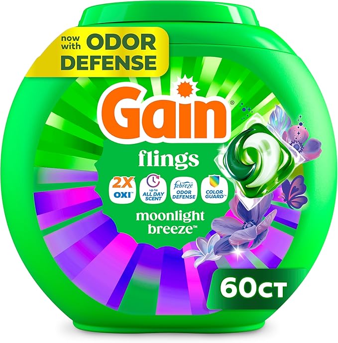 Gain Flings Liquid Washing Detergent Pacs with Odor Defense + Color Guard, Moonlight Breeze Scent, 4-In-1 Liquid Laundry Detergent Pods, Clean & Fresh, 60 Count (Packaging May Vary)