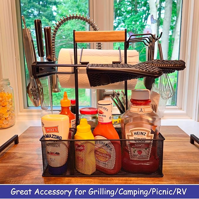 Geesta Grill Caddy for Outdoor Grill, BBQ Picnic Camping Caddy with Paper Towel Holder & Magnetic Tool Holder, Condiment Storage Utensil Kitchen Organizer for RV Camper, Tailgate Accessories