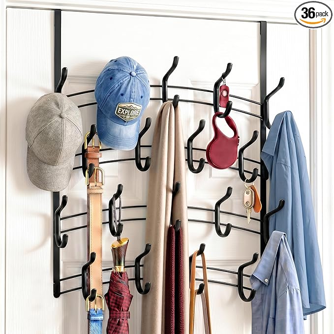 LYNK Professional® Home™ Over the Door Hooks - 36 Hook – Over the Door Coat Rack - Over the Door Hanger - Hanging Towels or Clothes - Bathroom, Bedroom, Laundry Room - Lifetime Ltd. Warranty, Black