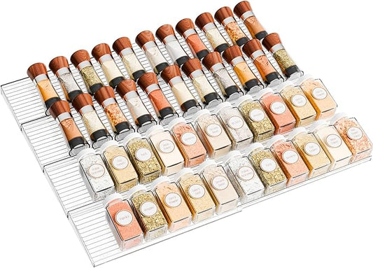 Yieach 8 Pack Adjustable In Drawer Spice Organizer - Expandable From 11" to 22" - Clear Acrylic Seasoning Organizer with Jars for Kitchen Drawer,Horizontal Tiered Kitchen Spice Organization & Tray