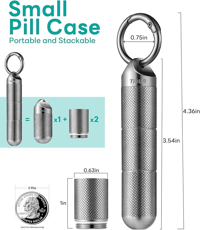 TISUR Titanium Keychain Pill Holder Small Metal Pill Case, Pill Organizer Portable Waterproof Pill Container, Travel Pill Bottle Box for Purse (Large-0.63in 3 Separate Compartments)