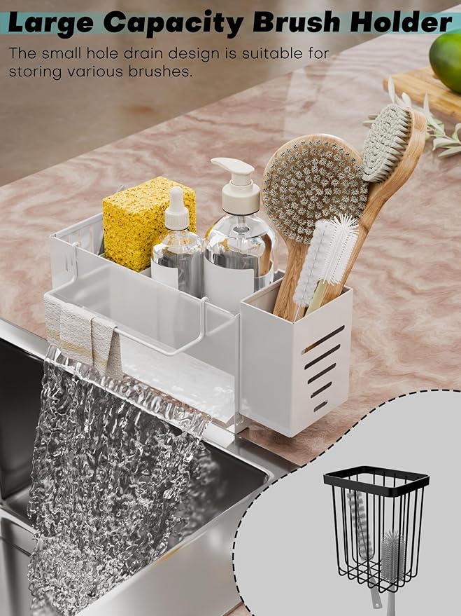Sponge Holder for Kitchen Sink, Space-Saving Sink Caddy with Brush Holder, Kitchen Countertop Organizers and Storage Essentials