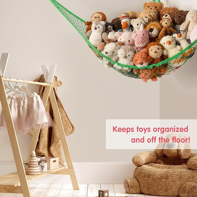 Stuffed Animal Storage Hammock Net Corner - Large Toy Hammock Net for Stuffed Animals Room Decor - Cute Stuff Animal Organizer Holder for Plush Plushie - Kids Baby Nursery Wall Bedroom Home Decor