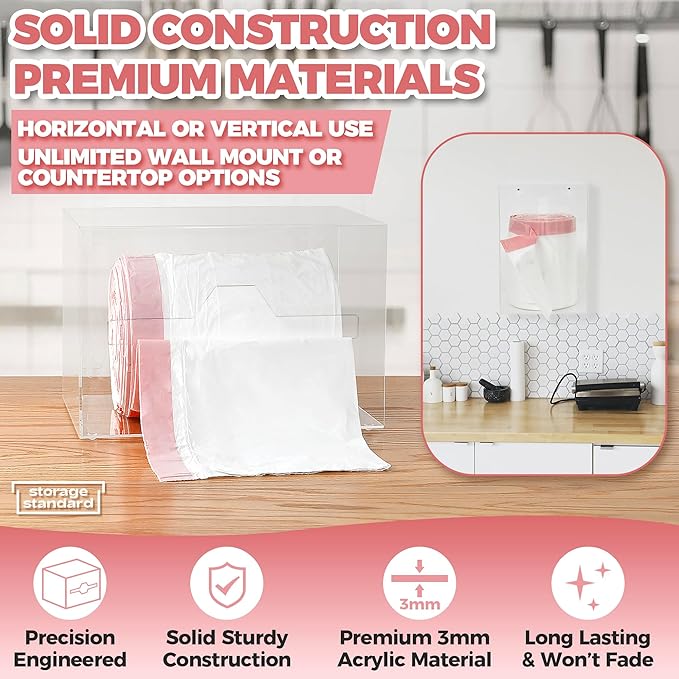 Storage Standard Trash Bag Holder Dispenser 10.5'' x 7'' x 7''- Acrylic Bags Dispensing Roll Organizer Holder, Garbage Liner Holder for Cabinet, Garbage & Under Sink - Open Side Design