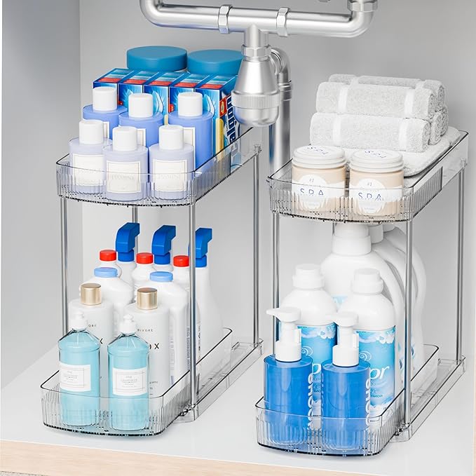 Yieach 2 Sets 2 Tier Pull Out Kitchen Under Sink Organizer and Clear Bathroom Undersink Organizers for Cleaning Products Storage,12.8 Inch Tall Sliding inder Cabinet Shelf,Under Counter Organization