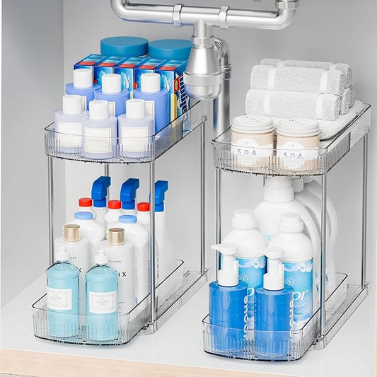 Yieach 2 Sets 2 Tier Pull Out Kitchen Under Sink Organizer and Clear Bathroom Undersink Organizers for Cleaning Products Storage,12.8 Inch Tall Sliding inder Cabinet Shelf,Under Counter Organization