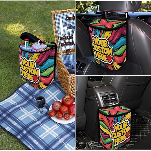 Custom Car Trash Can, Personalized Printing with Your Logo Photo Design, Adjustable Hanging Car Trash Bin with Zipper Lid for Back of Front Seat/Tail of Console, Easy to Clean, 1.2 Gallons