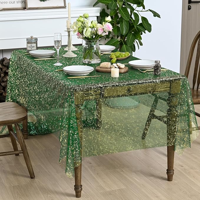 Horaldaily Green Gold Gauze Tablecloth 60x60 Inch Square, Green Sequin Glitter Metallic Foil, Sheer Tulle Cheesecloth for Wedding Baby Shower Ceremony Birthday