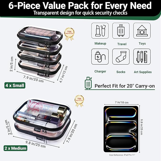 6 Pack Clear Hard Shell Zipper Case, Hard Plastic Organizer Pouches for Travel, Small Items, Makeup, Electronics & Art Supplies - Crush-Resistant & Waterproof Storage (Black)