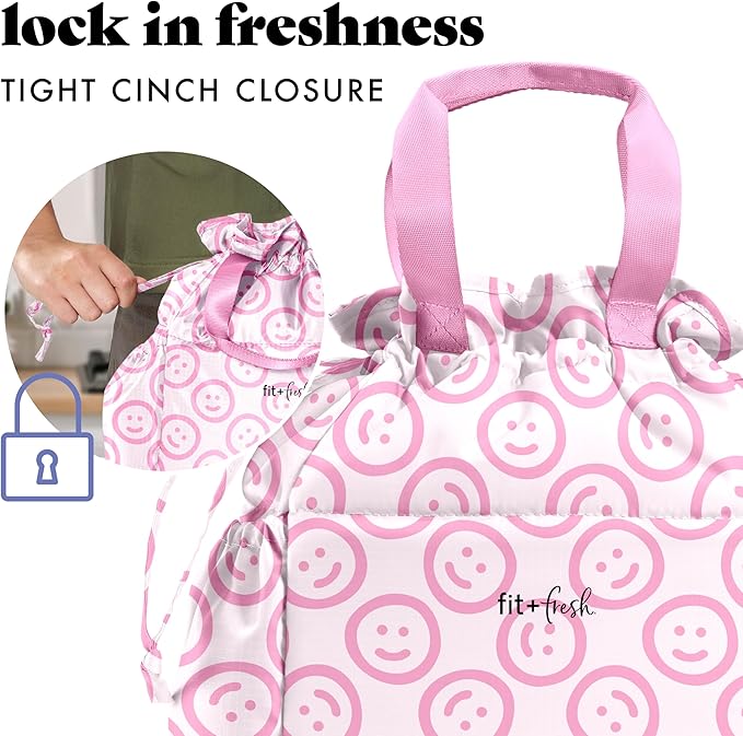 Fit & Fresh Cromwell Drawstring Lunch Bag for Women, Complete Lunch Set with 2 Containers, Stain-Resistant, Leak-Resistant, Back to School Essential, Teacher Lunchbox, All Smiles Pink