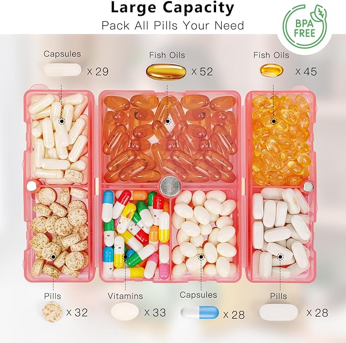 FYY Daily Pill Organizer,7 Compartments Portable Pill Case Travel Pill Organizer,[Folding Design] Large Pill Box for Purse Pocket to Hold Vitamins,Cod Liver Oil,Supplements and Medication-Clear Red