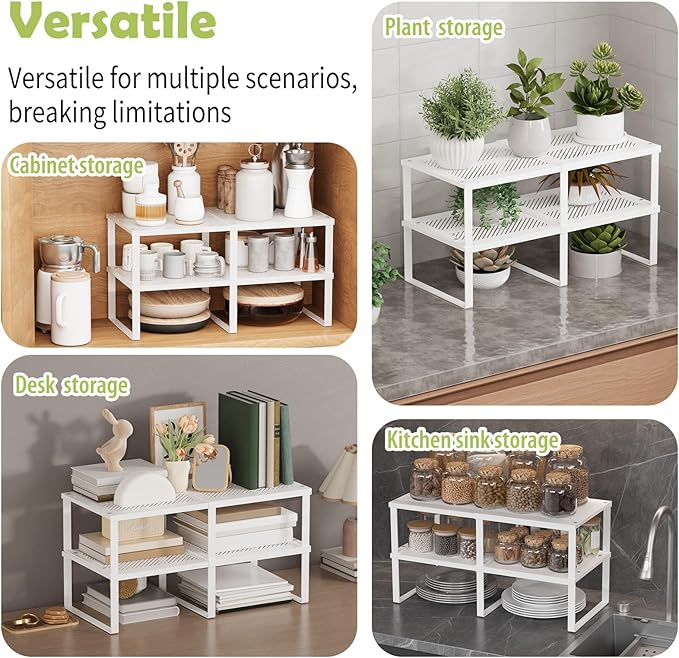 2 Pack Expandable Cabinet Shelves Organizer Width 11'' Stackable Kitchen Counter Storage Shelves,Adjustable Width Pantry Shelf Spice Rack