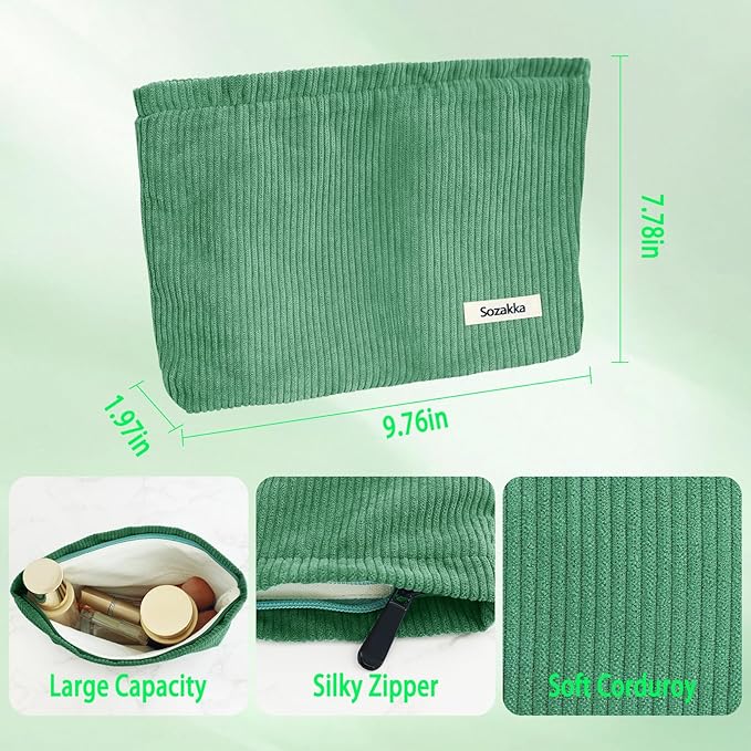 ZLFSQR Corduroy Makeup Bag for Women Small Corduroy Cosmetic Bag Large Cute Travel Makeup Pouch for Purse Green Cloth Cosmetic Pouch Zipper Storage Organizer Canvas Toiletry Bags
